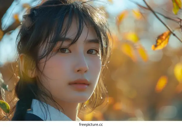 Portrait of a young Asian woman with long dark hair standing in a field of yellow flowers