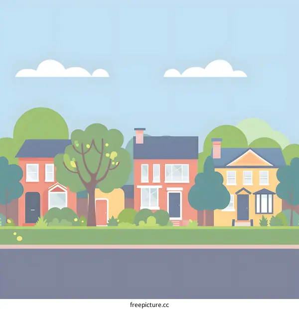Suburban Street with Houses and Trees Illustration