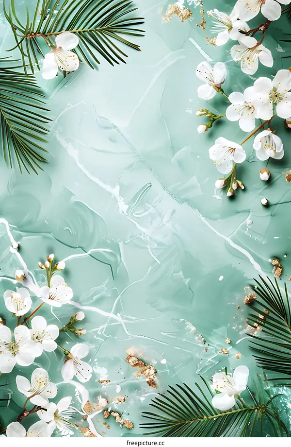 Floral Green Background with White Flowers and Palm Leaves