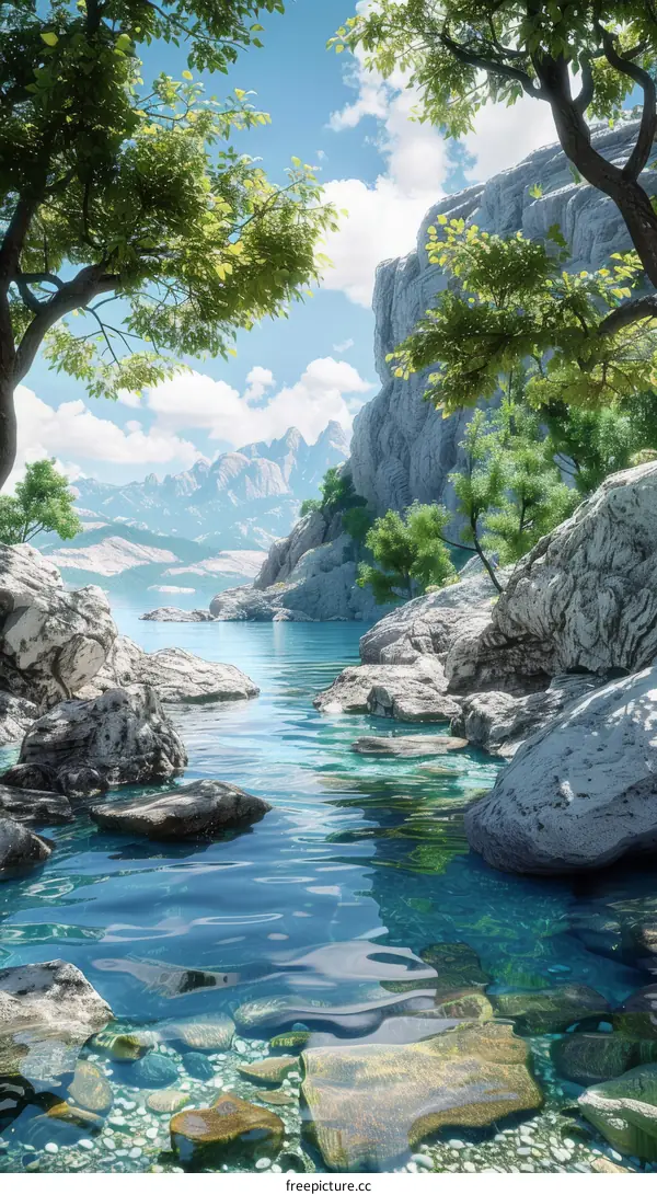 Fantasy Lake and Mountain Landscape