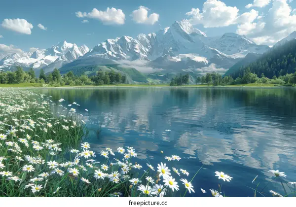 Scenic Lake and Mountain View with Blossoming Daisies