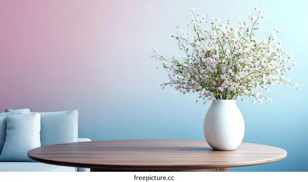 Modern Interior Design with Soft Color Gradient and Blooming Flowers