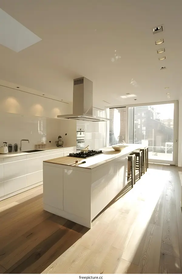 Modern White Kitchen with Large Island and Hardwood Floors