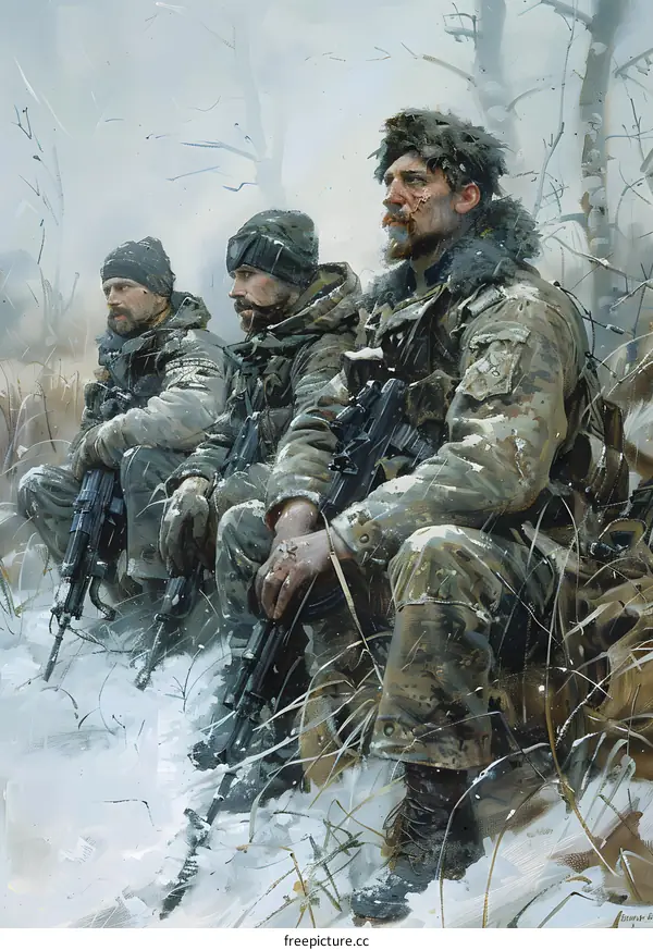 Three soldiers in winter gear taking a break