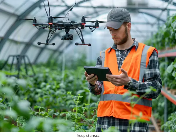 Caucasian male farmer in greenhouse with drone and tablet