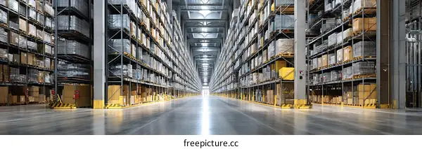 Large Warehouse Interior with High Shelves and Cardboard Boxes