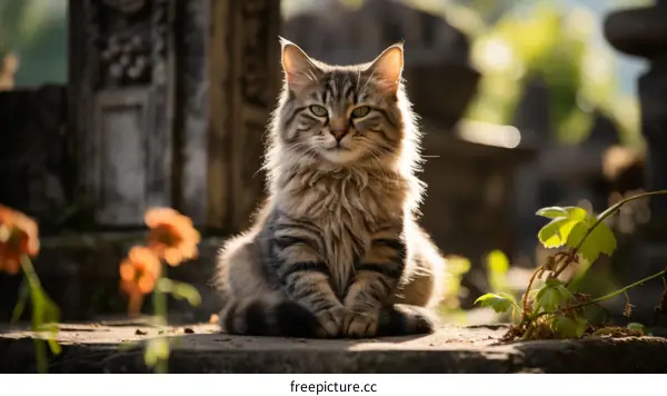 A ginger cat is sitting on a stone slab in a cemetery