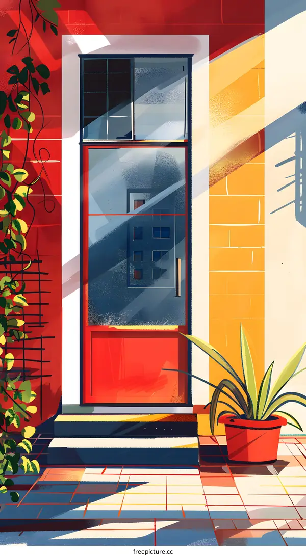 Red Door with Green Vines and Sunlight