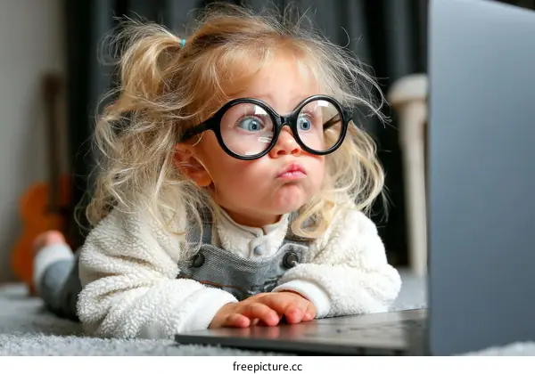 Cute Blonde Girl with Glasses on Laptop