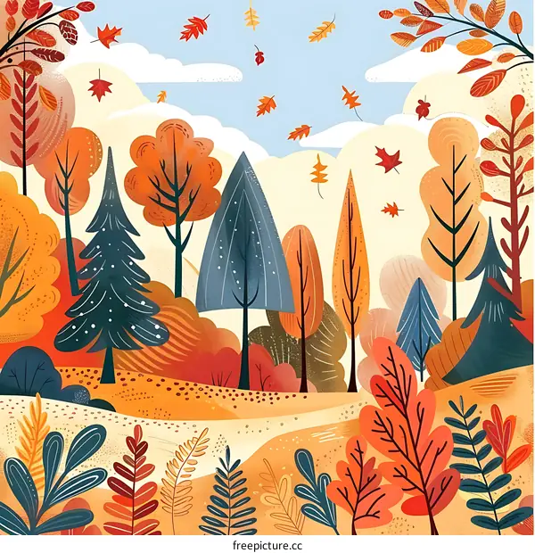 Autumn Forest Illustration with Falling Leaves and Trees
