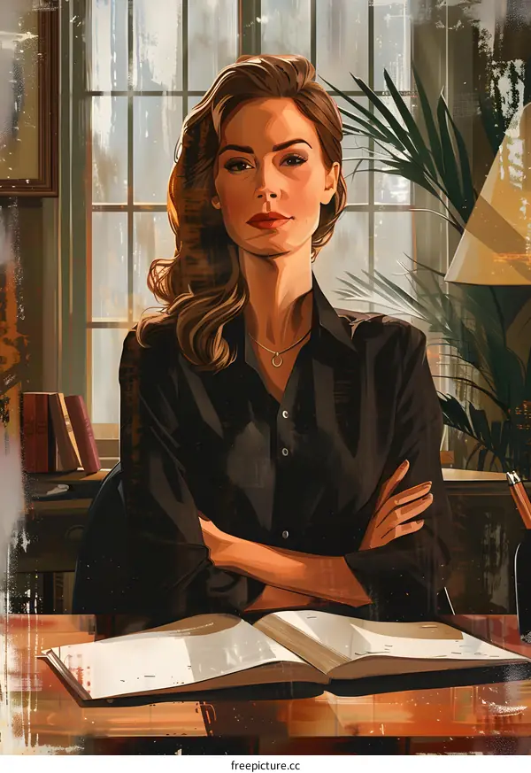 Confident beautiful woman in black shirt standing with crossed arms in front of open book