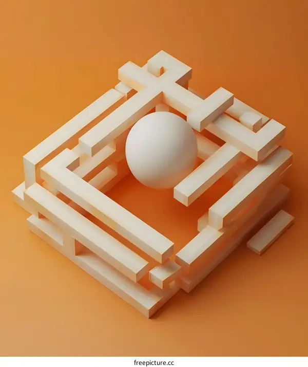 Abstract 3D Geometric Shapes With White Sphere In Orange Background