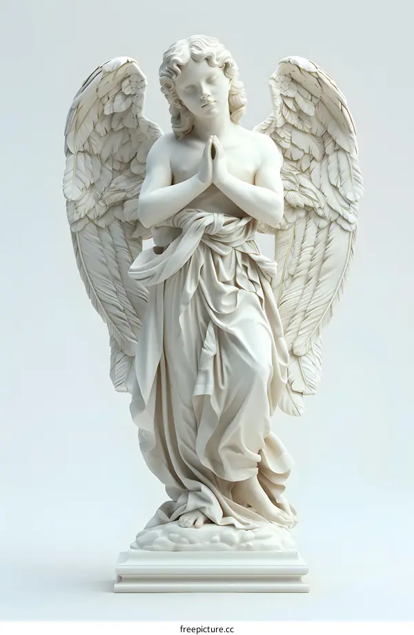 A statue of an angel with its hands together and its head looking down