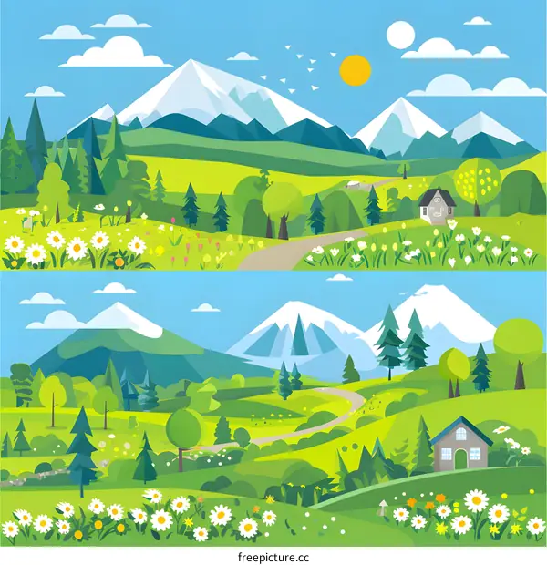 Beautiful Spring Landscape With Mountains And Flowers