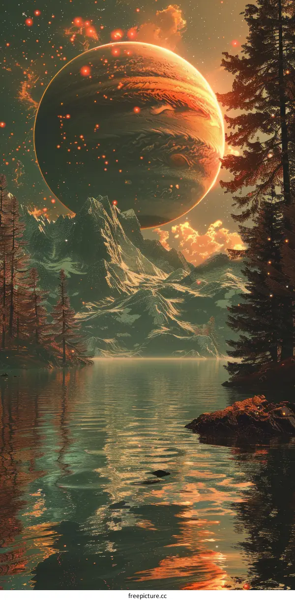 Fantasy landscape with a giant planet in the sky