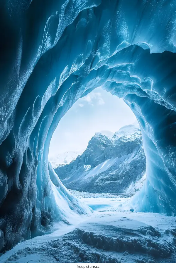 Inside an Ice Cave Looking Out to the Mountain