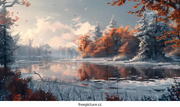 Winter Wonderland Snowfall Over a Serene Lake