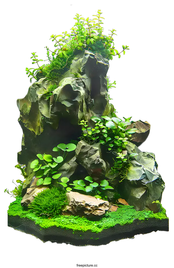 [Transparent Background PNG]Green Moss and Stone Aquarium Landscape