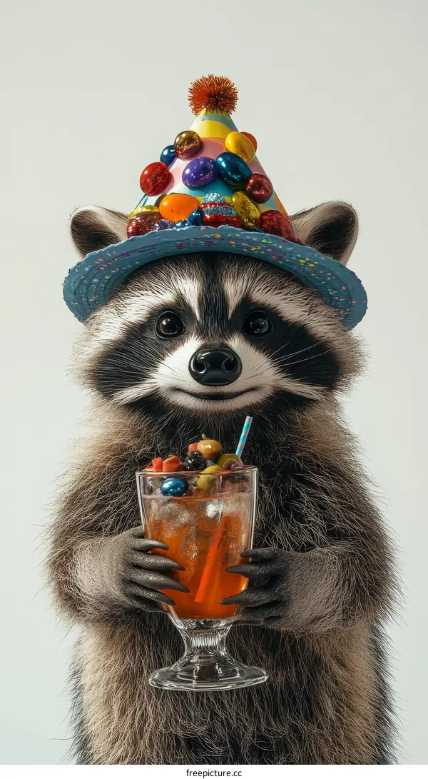 Funny Raccoon Celebrating with Party Hat and Cocktail