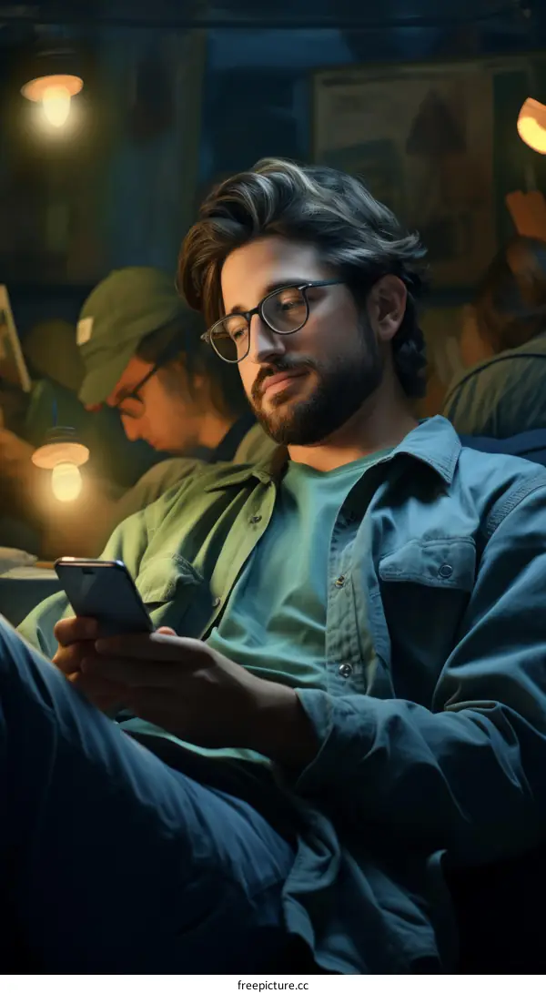 A man is sitting on a couch and looking at his phone