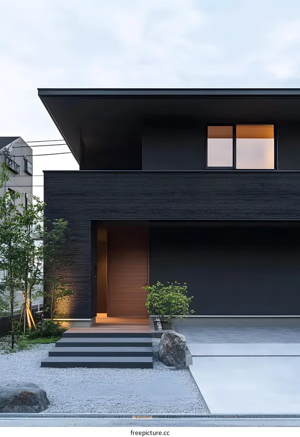 Modern Minimalist Black House Exterior Design with Gravel Garden