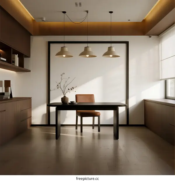 Modern minimalist dining room with wooden table and pendant lights