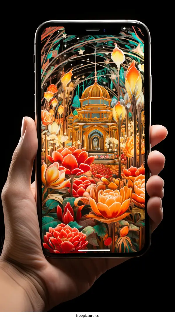 A hand holding a smartphone with a picture of a colorful garden with a palace in the background
