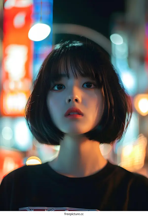 Asian Woman with Short Hair Posing in Front of Colorful Lights