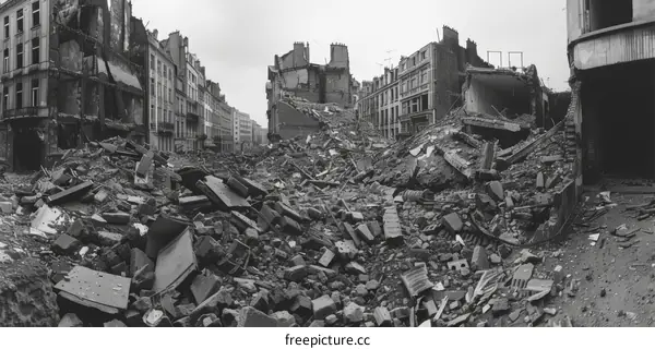 Post-war urban landscape with bombed out buildings