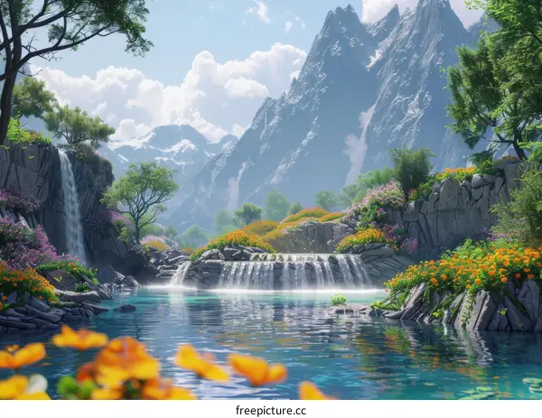 Fantasy Landscape with Cascading Waterfalls and Towering Mountains
