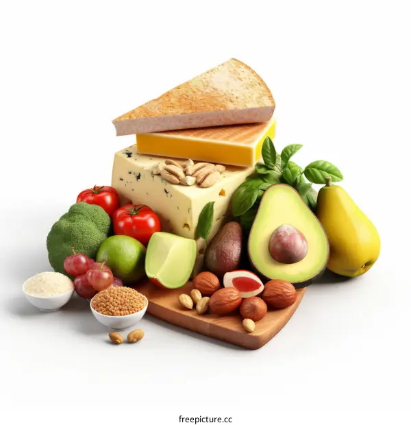 A variety of healthy foods are arranged together on a white background