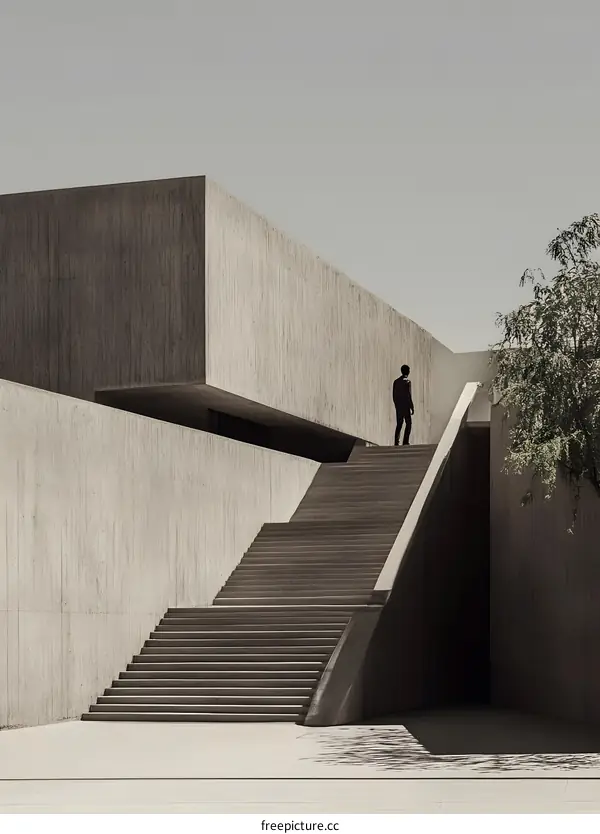 Modern Concrete Building with Man Standing on Stairs