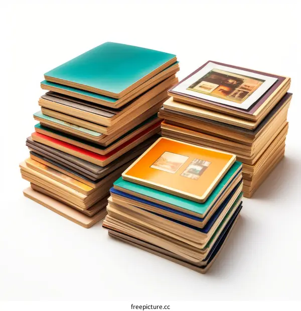 A stack of vintage books with two photo frames on top