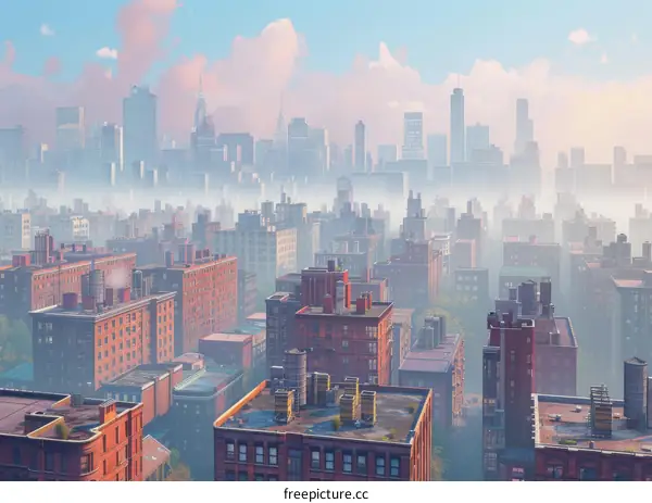 Cityscape Aerial View of Foggy Urban Area