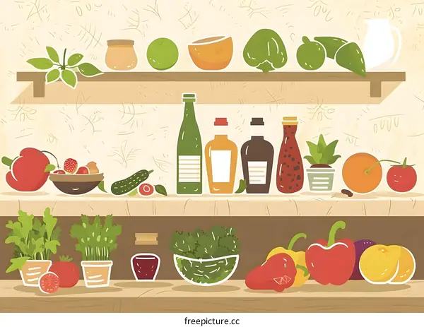 Kitchen Shelf With Different Types of Vegetables and Herbs