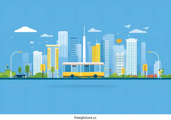 Cityscape Illustration with Bus on the Road