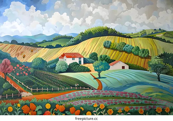 Rural Landscape Painting with Farmhouse and Rolling Hills