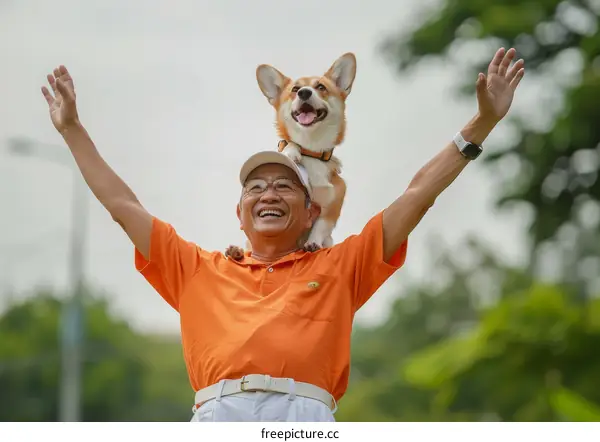 Happy Asian man with his pet dog on his shoulder