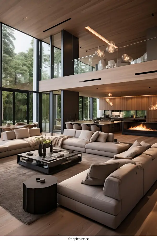 Modern luxury living room interior design with large windows and open floor plan