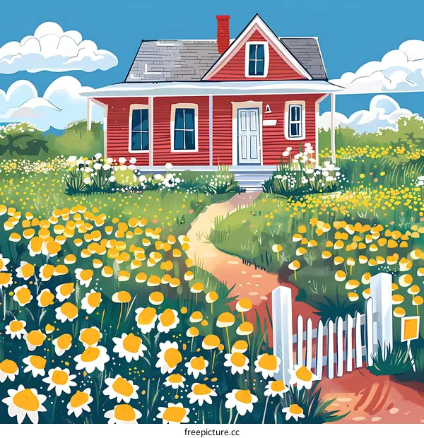 Red House With White Fence and Daisies