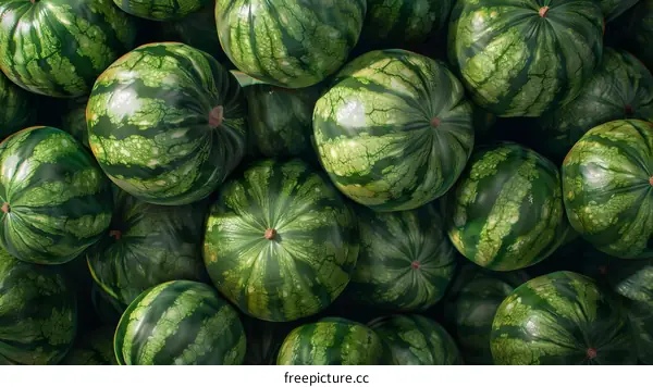 A close-up image of a pile of green watermelons.