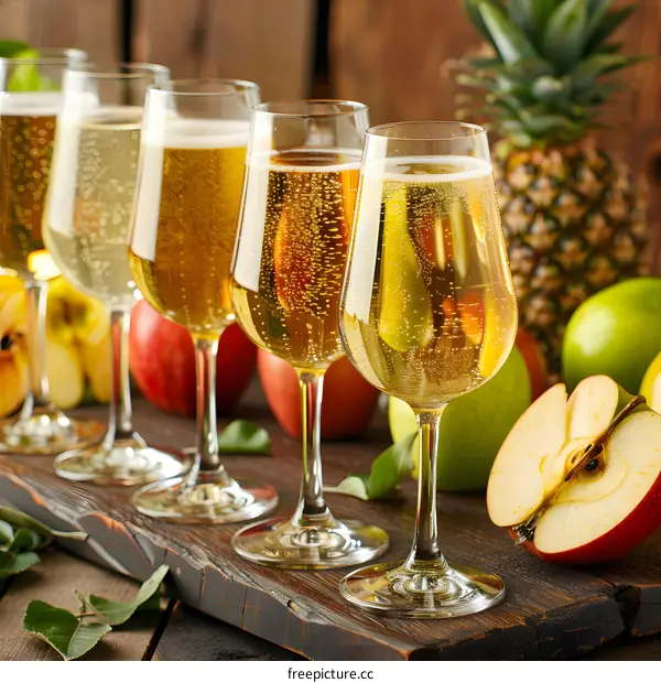 Sparkling Apple Cider in Glasses with Apples and Pineapple