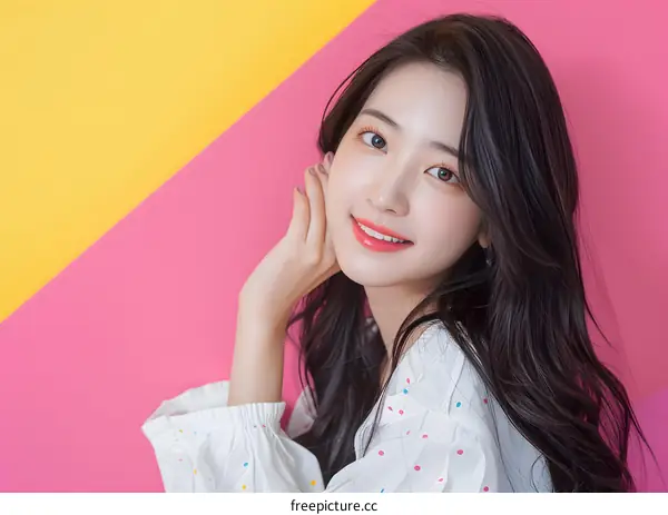 Smiling Asian Woman in a White Polka Dot Shirt Against a Pink and Yellow Background