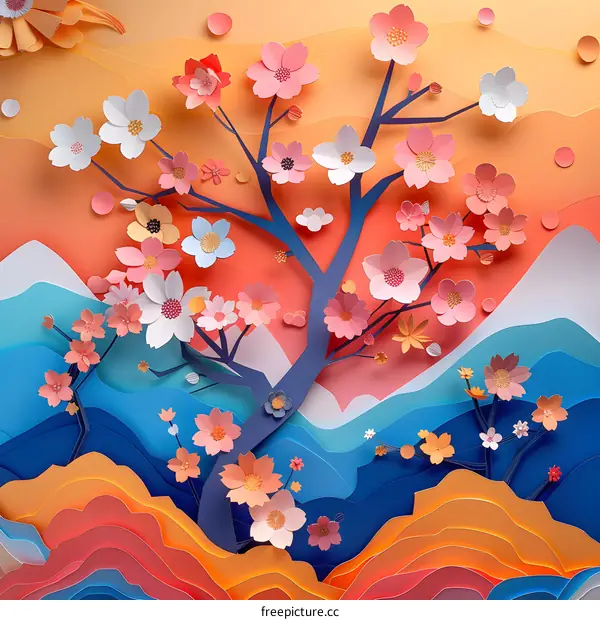 Papercut landscape with cherry blossoms