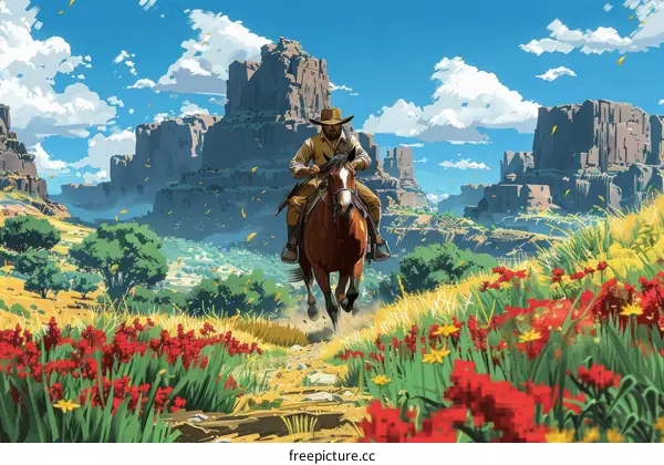 Cowboy riding a horse in the desert