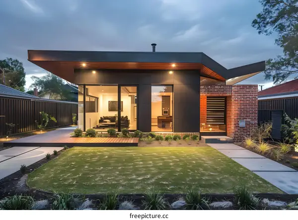 Modern House with Brick Wall and Wooden Deck in Backyard