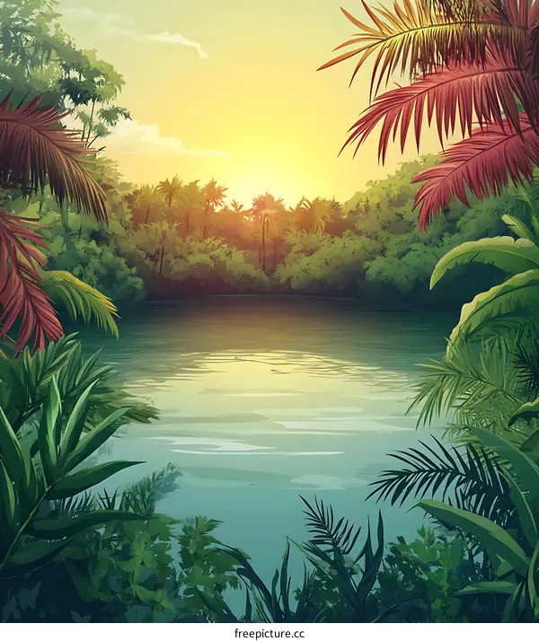 Tropical Rainforest Sunset Landscape Illustration