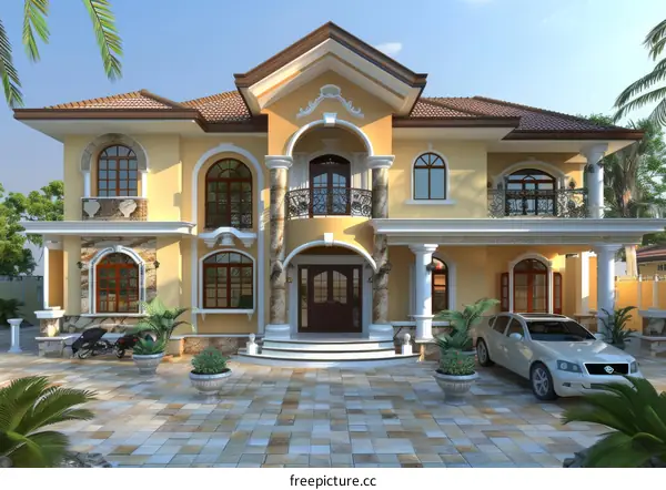 Modern Three-Story Villa with Colorful Exterior Design