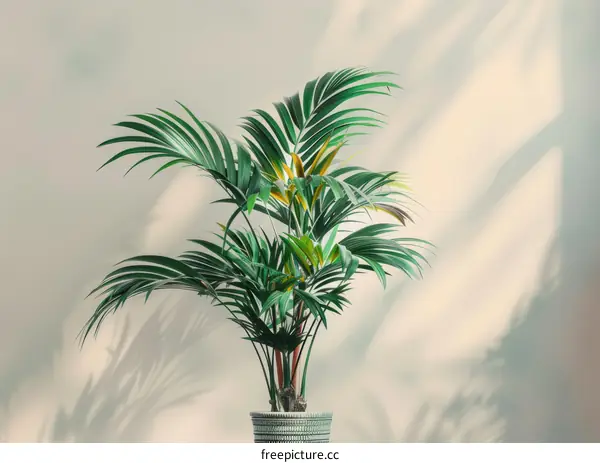 A potted palm tree in front of a beige wall