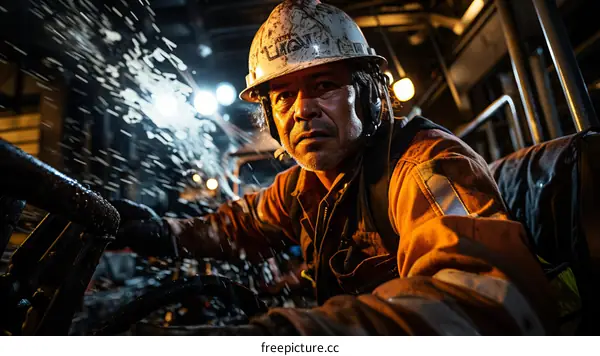 Oil Rig Worker Inspects Equipment